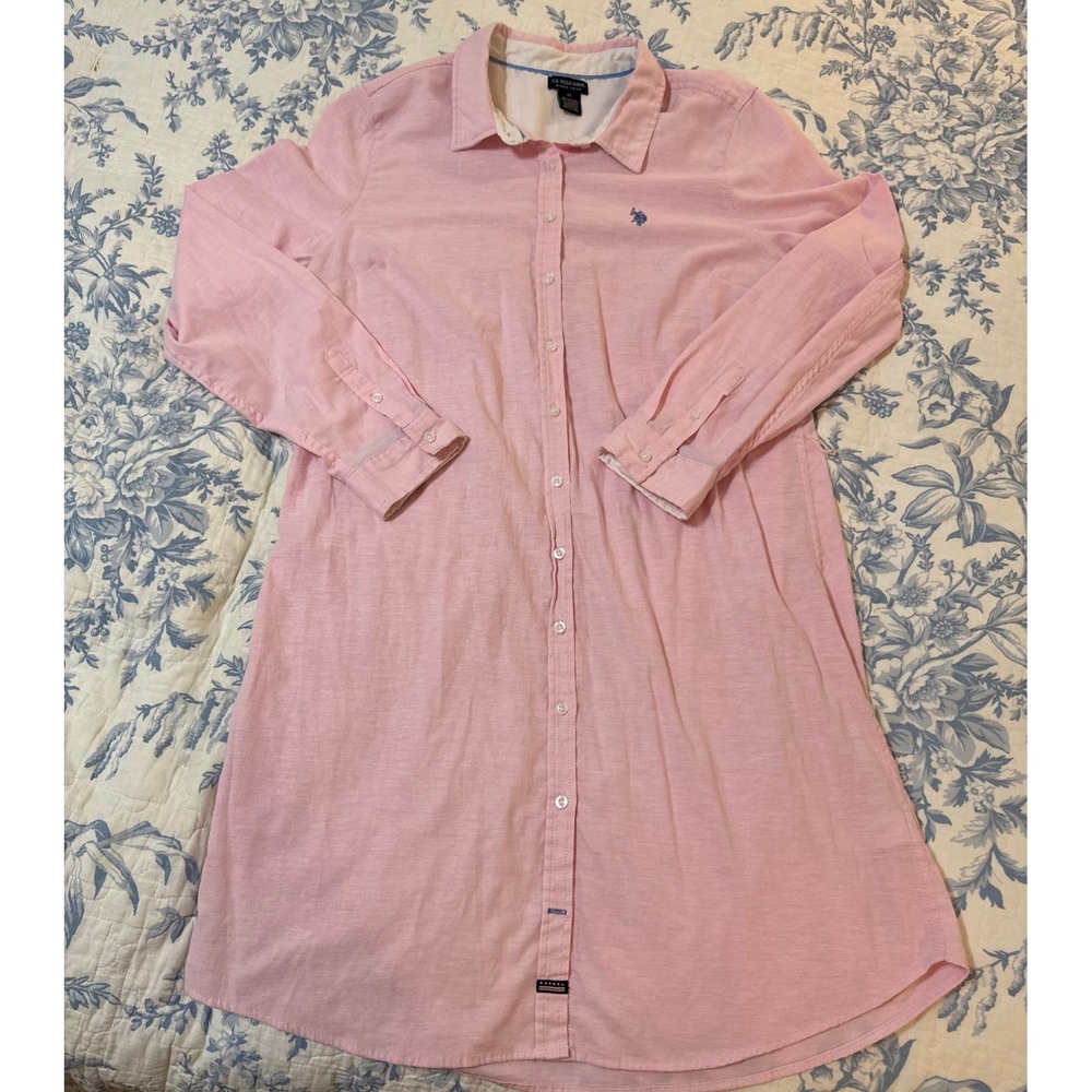 US Polo Assn Womens Pink Long Sleeve Button Front Oxford Mini Shirtdress XL